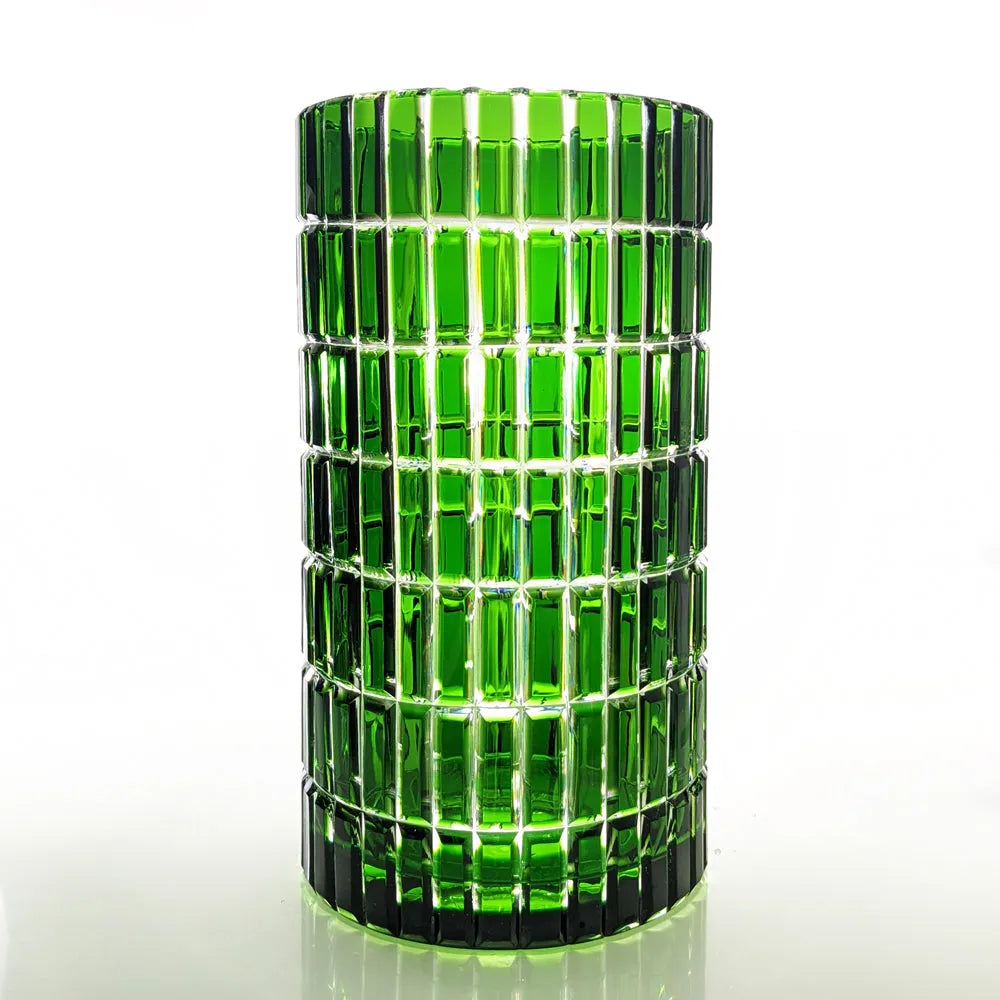 zylindrische grüne Vase aus geschliffenem Bleikristall