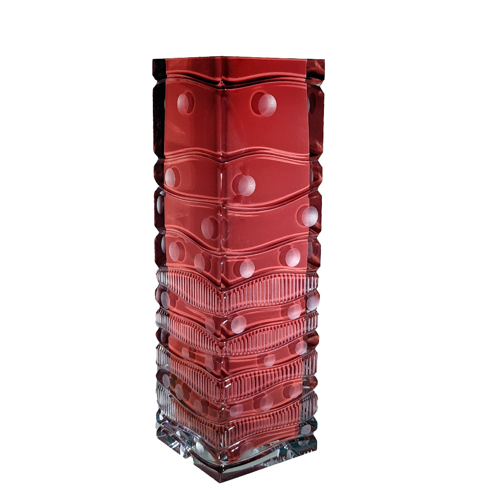 Schwere quadratische Glasvase, 28cm hoch, in dunkel-orange, handgeschliffen, modernes Design