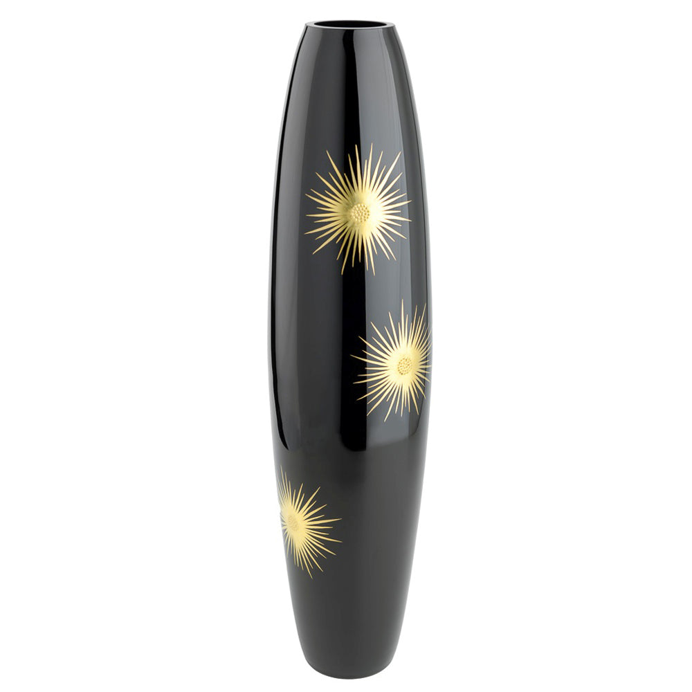 schwarze hohe Glasvase mit goldener Malerei
