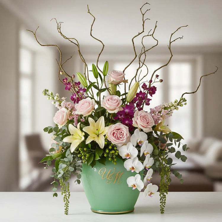 hellgrüne Vase Pure mit Goldmonogramm