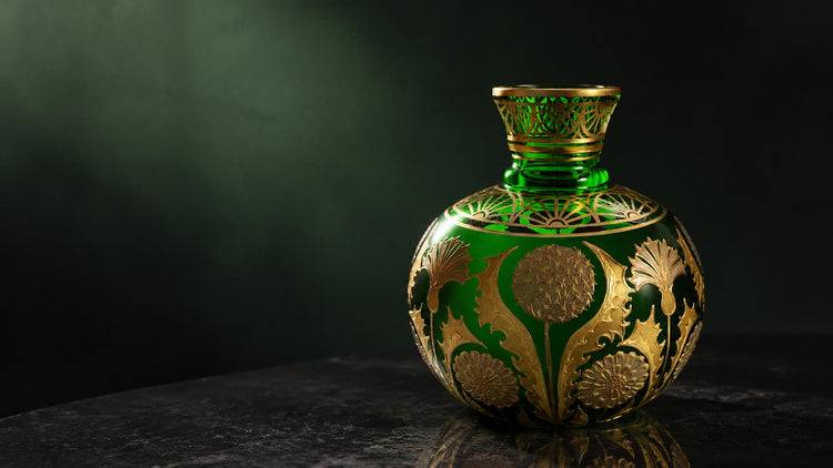 Grüne Kristallvase mit kunstvoller goldener Pflanzenornamentik aus der Limited Edition von Oertel Crystal.