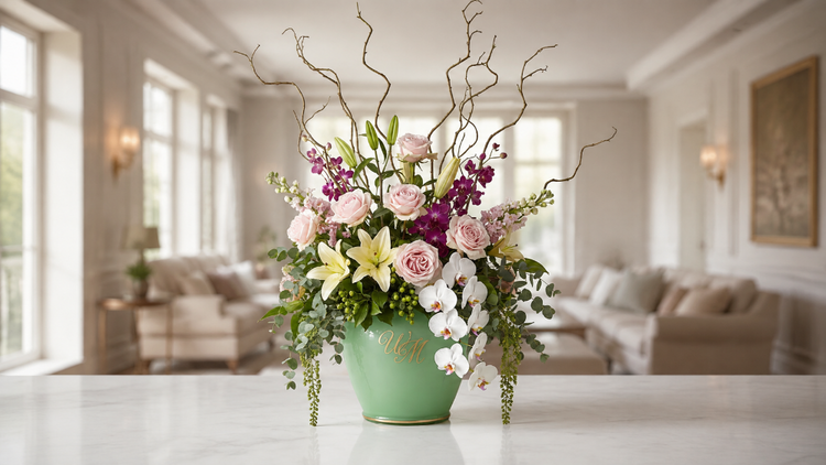 Grüne Kristallvase mit Monogramm in Gold