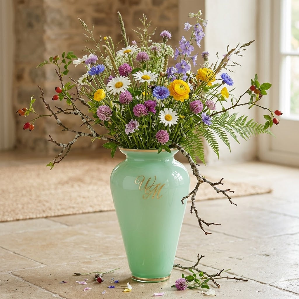 hellgrüne Kristallvase mit Goldmonogramm von OertelCrystal