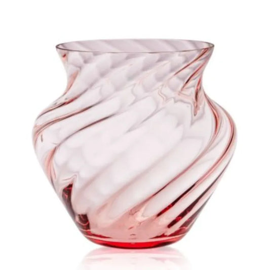 große rosa Kristallvase mit Wellenmuster 