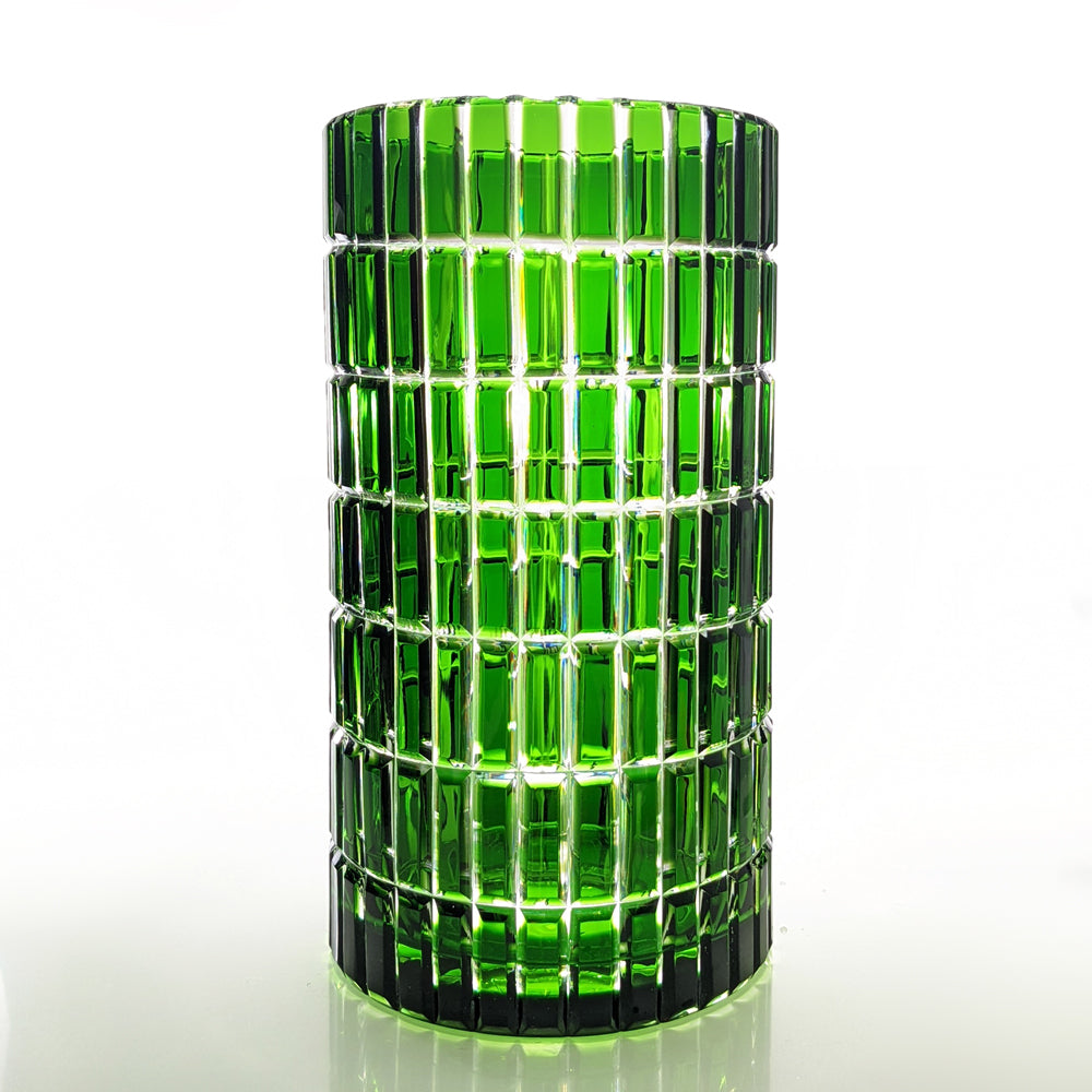 zylindrische grüne Vase aus geschliffenem  Bleikristall