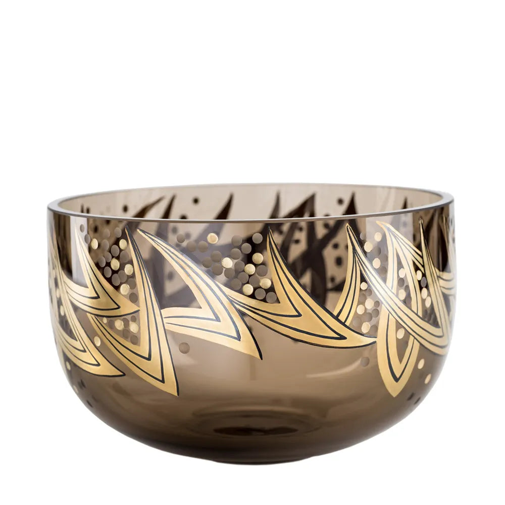 Braune Glasschale mit abstraktem, goldenem Design