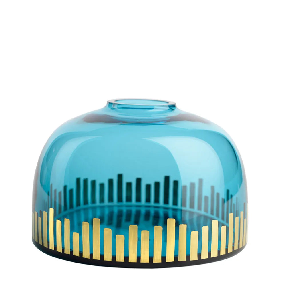 breite Zweigvase in hellblauem Kristallglas mit Goldmalerei