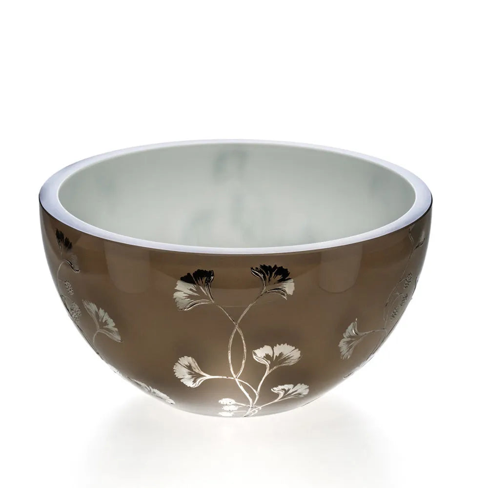 Graue Opalglasschale bemalt mit stilisiertem Ginkgodesign