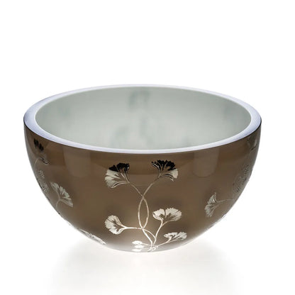 Graue Opalglasschale bemalt mit stilisiertem Ginkgodesign