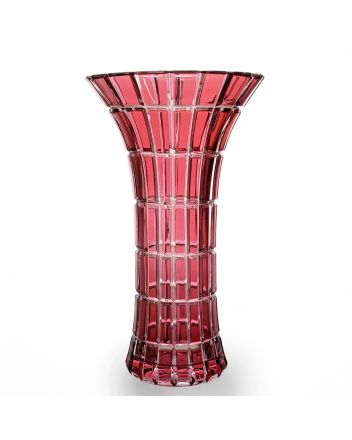 Elegante rubinrote Vase, 24cm hoch und 15cm im Durchmesser. Mit Handschliff im Art Deco Stil verziert.