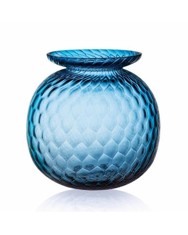 große runde Vase aus blauem Farbglas mit schöner Musterung