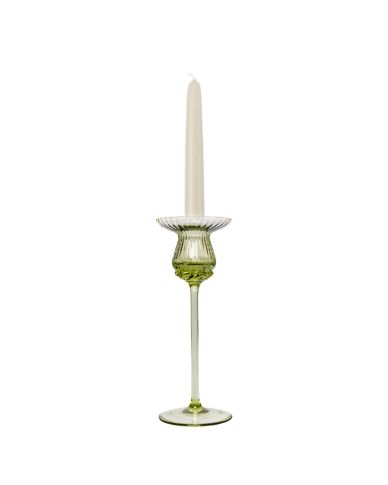 Kerzenhalter aus grünem Kristallglas mit einer Leuchterkerze