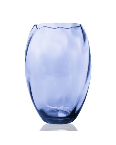 Elliptische Vase aus leuchten hellblauem Kristallglas mit optischem Muster