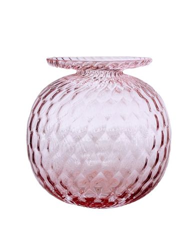 große runde  rosafarbene Blumenvase aus Kristallglas