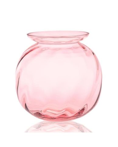 Zartrosa Kugelvase aus mundgeblasenem Kristallglas mit optischem Muster 